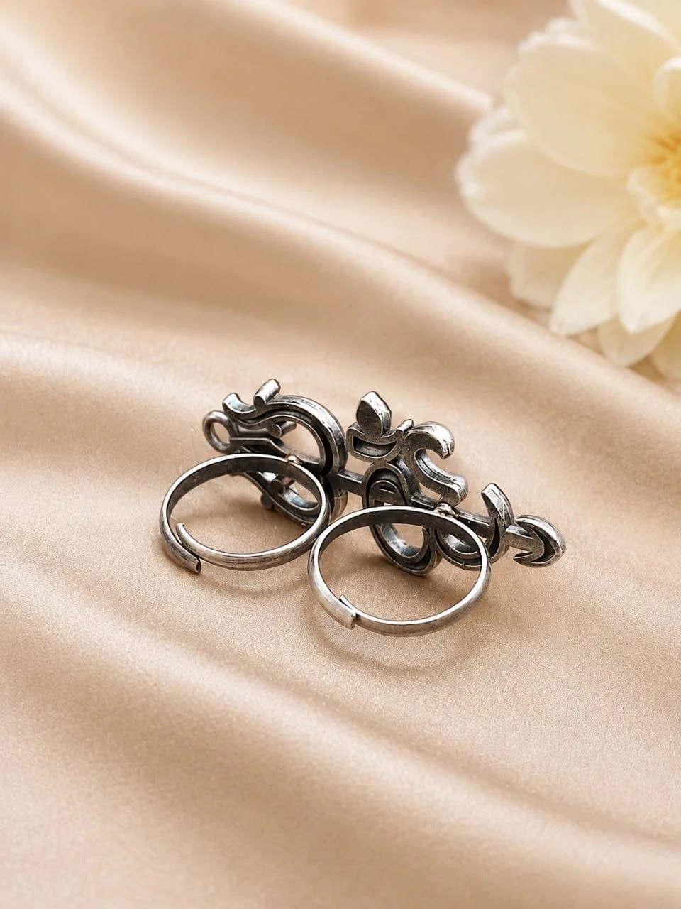 Om Trishul Ring — Oxidised Two Finger Ring – view 3