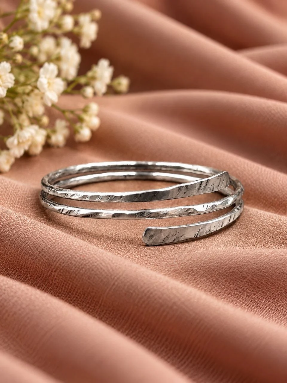 Hammered Silver Coil Wrap Bangle with Flat Paddle Ends – view 3