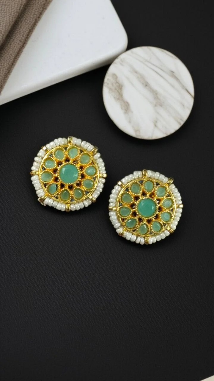 Enamel Centre Stud Earrings with Stone Halo