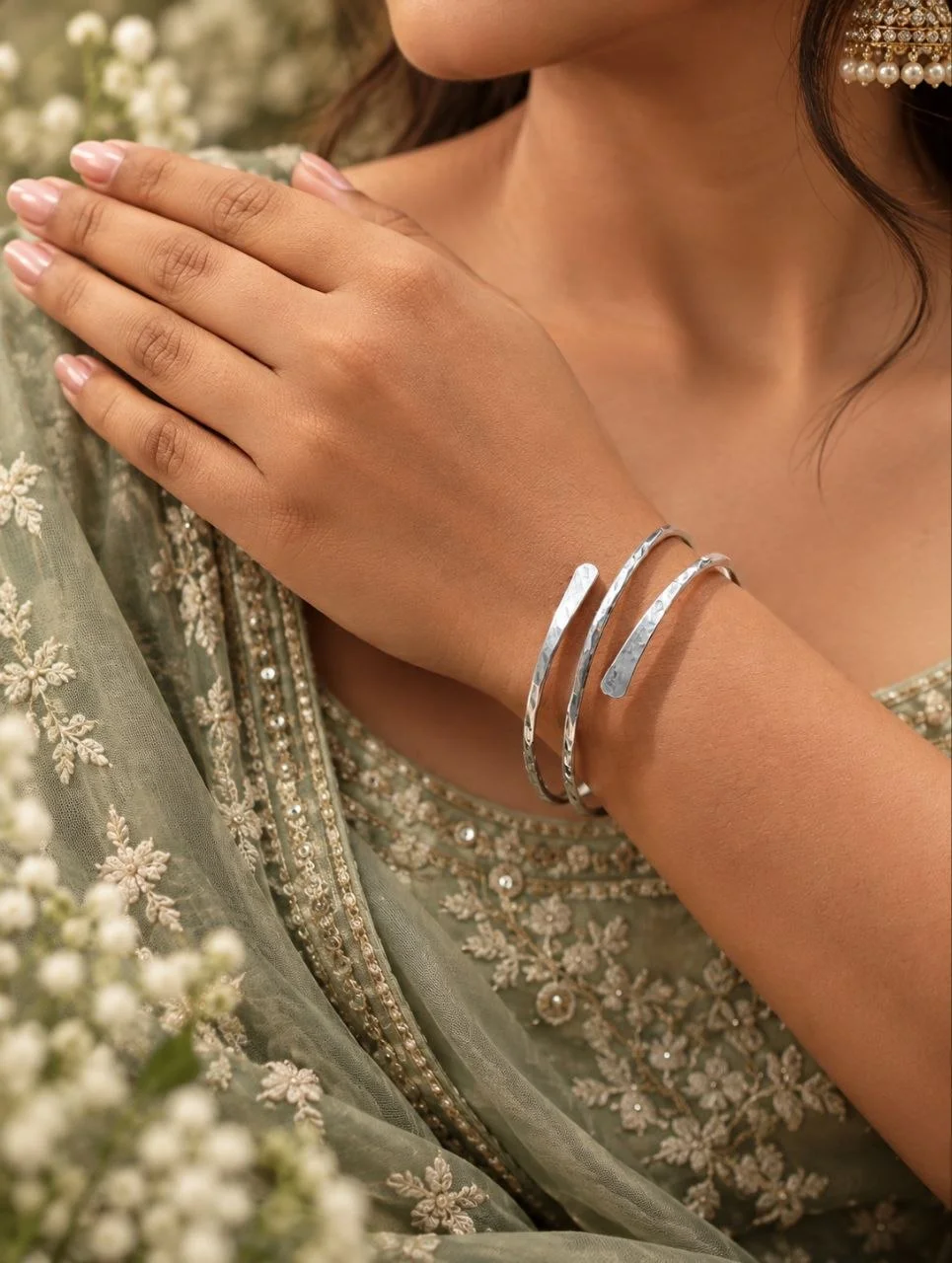 Hammered Silver Coil Wrap Bangle with Flat Paddle Ends