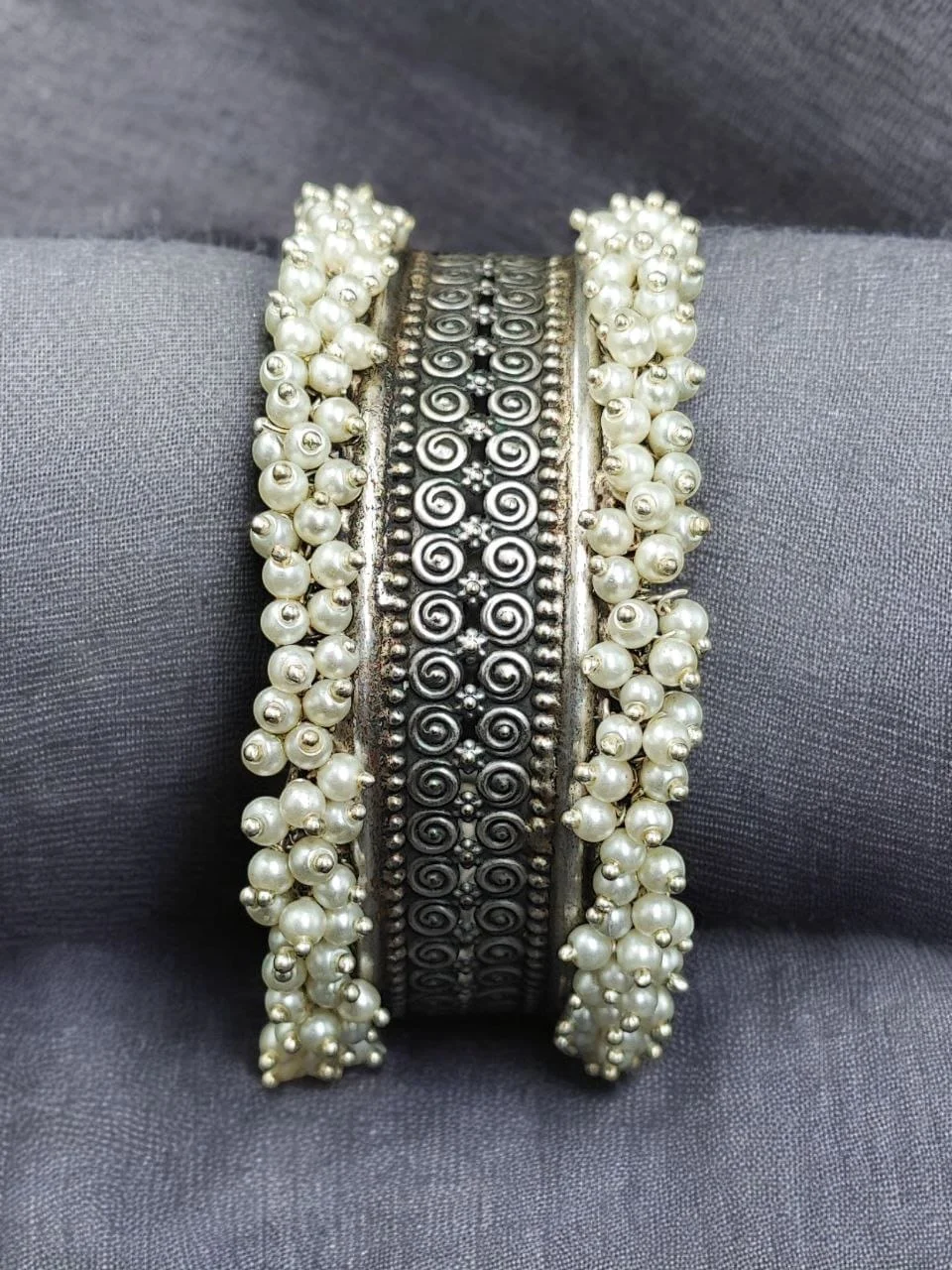 Oxidised Pearl-Bead Cuff Bangle – view 5