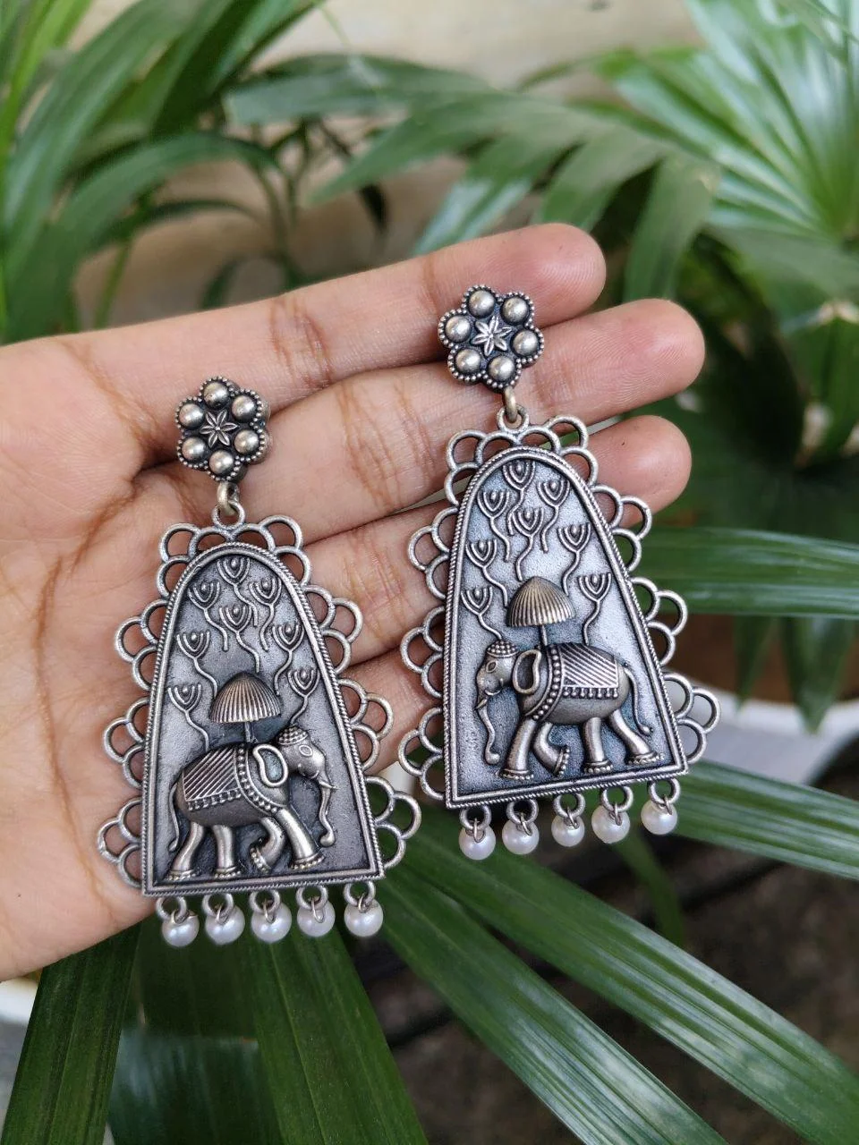 Oxidised Elephant Arch Dangler Earrings with Scalloped Border and Pearls – view 2