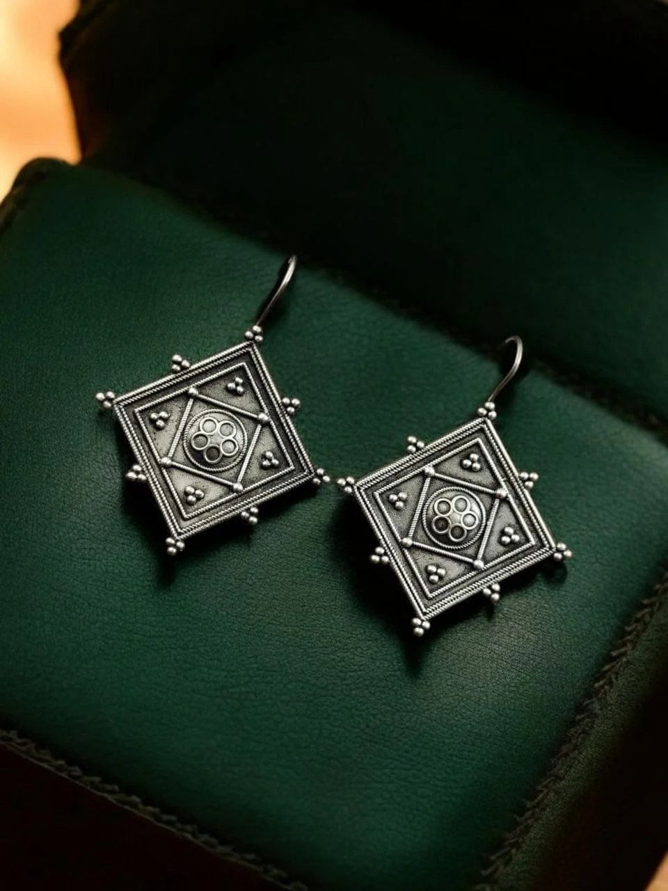 Oxidised Diamond Shape Hook Earrings with Filigree Medallion – view 3
