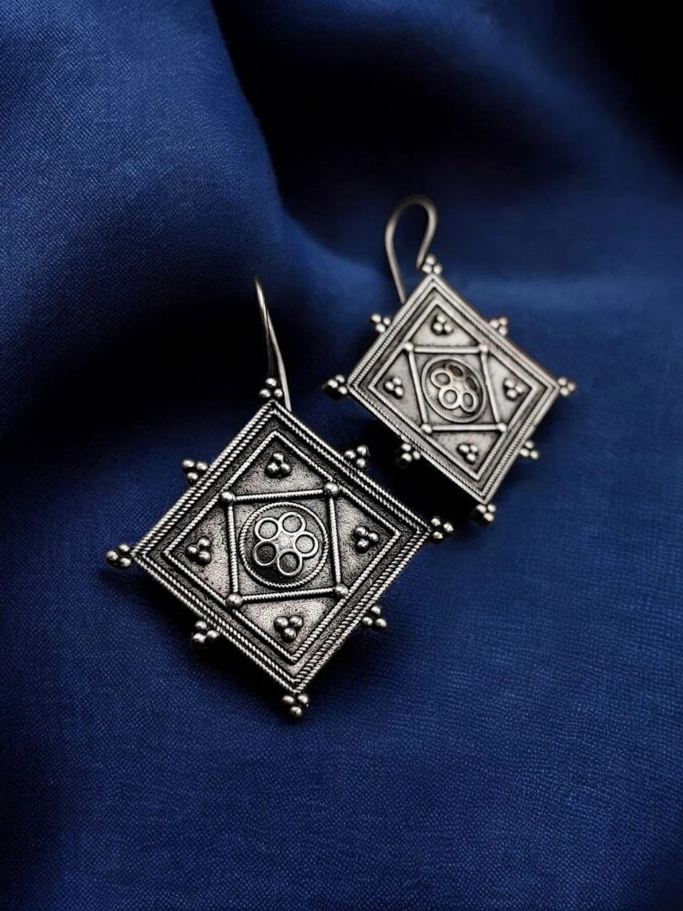 Oxidised Diamond Shape Hook Earrings with Filigree Medallion – view 2