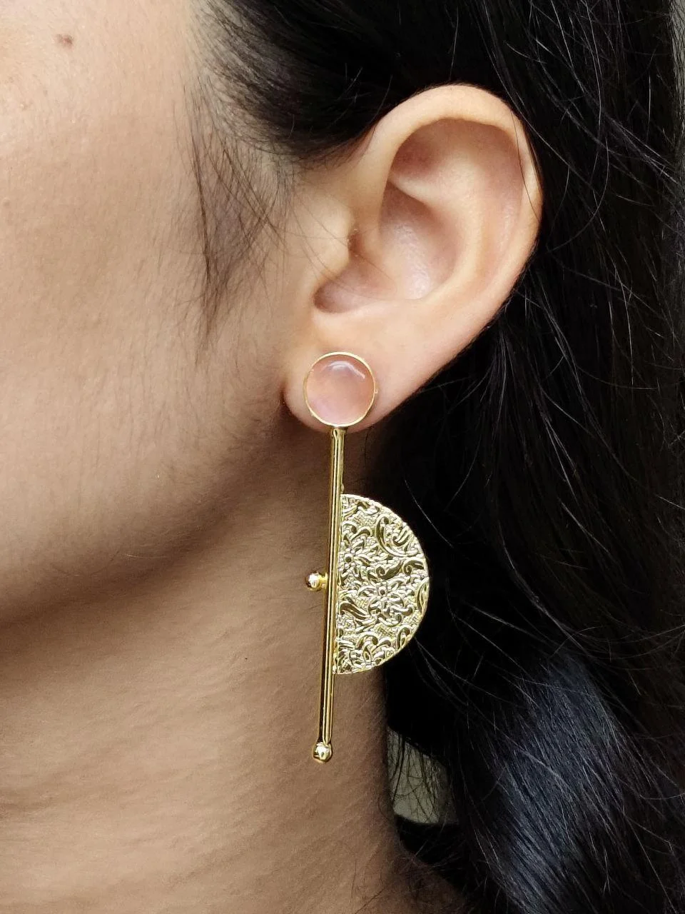 Stone Stud Long Bar Earrings with Half Disc