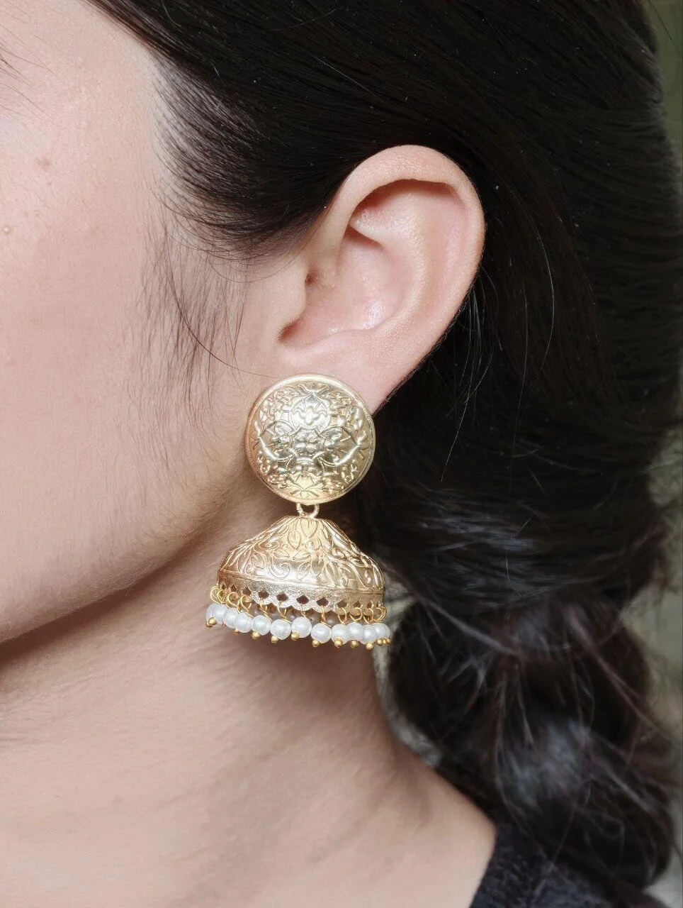 Wide Disc Jhumka with Deep Antique Bell