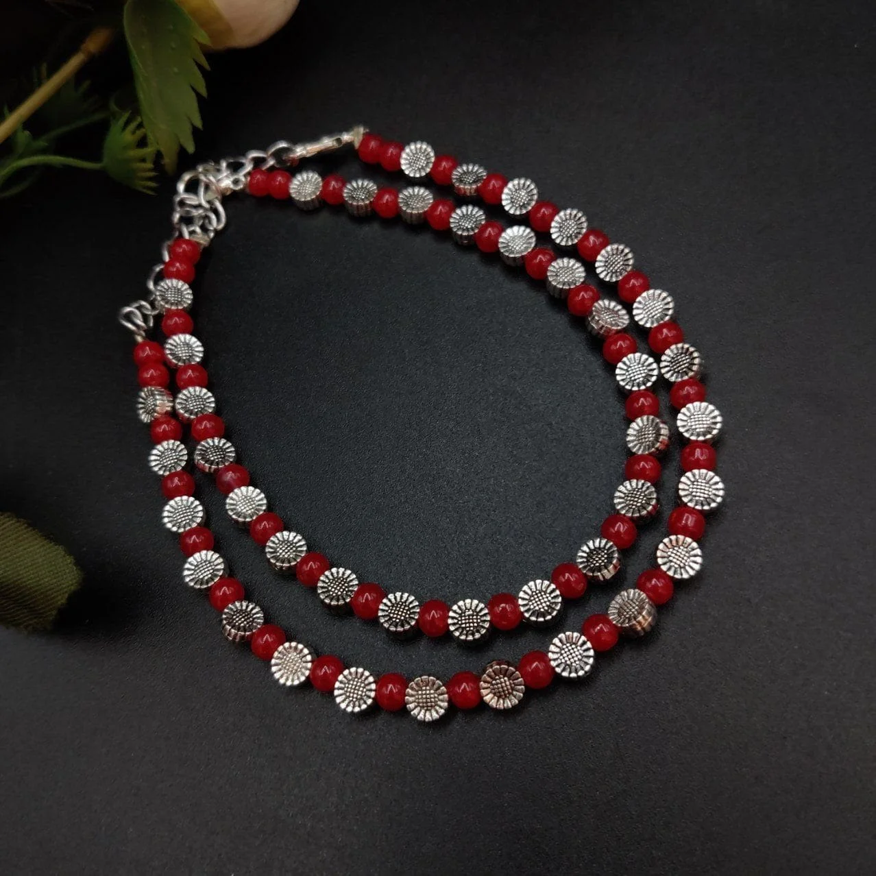 Red Bead and Oxidised Flower Disc Anklet with Lobster Clasp