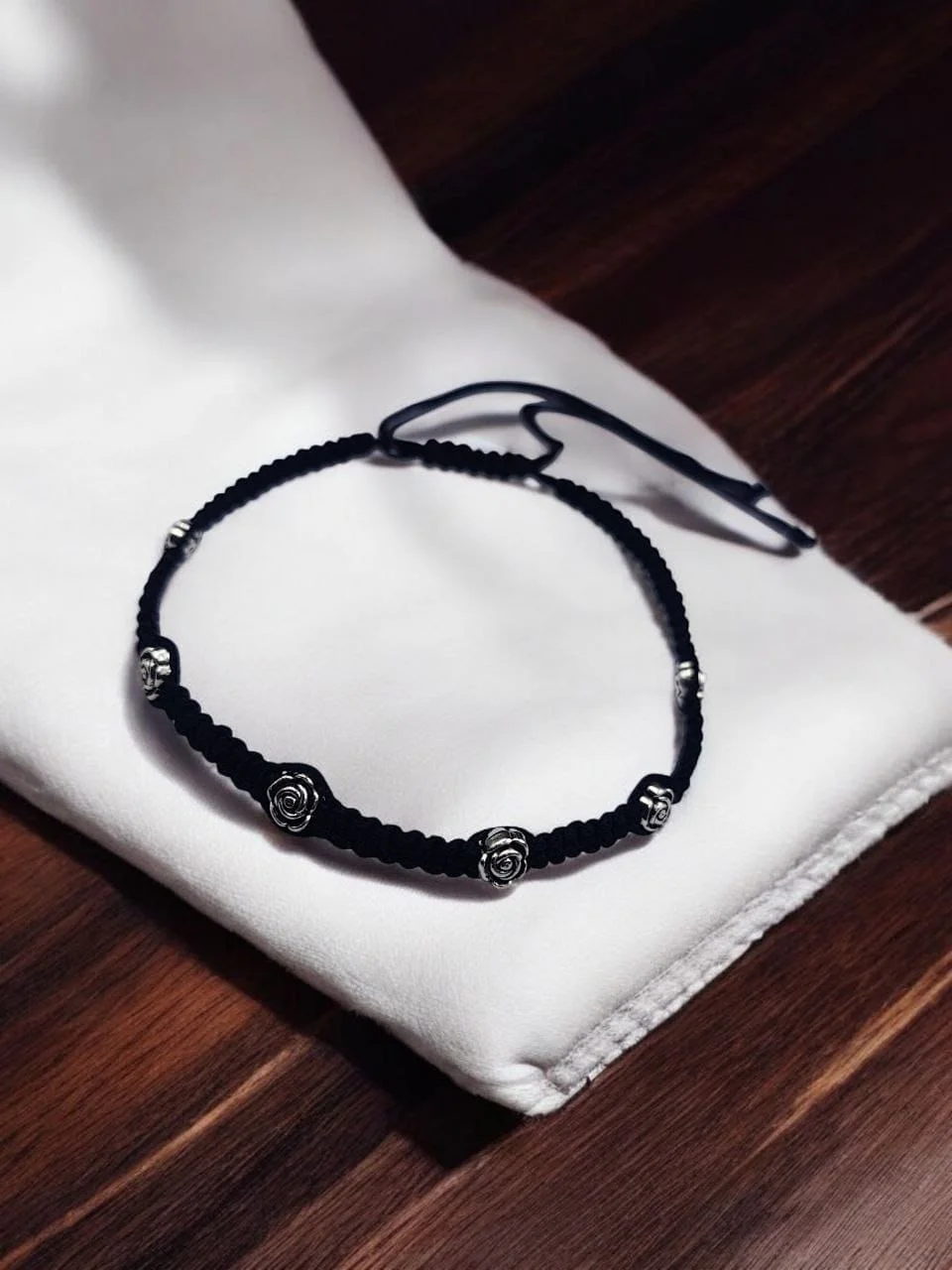 Black Thread Anklets with Silver Flower Beads, Pair – view 4