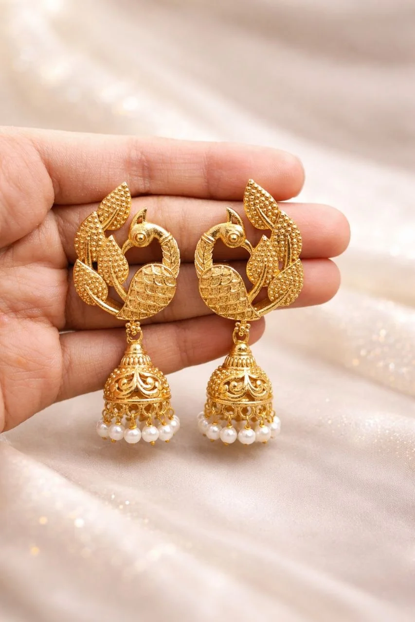 Golden Peacock Jhumka with Fanned Tail – view 3