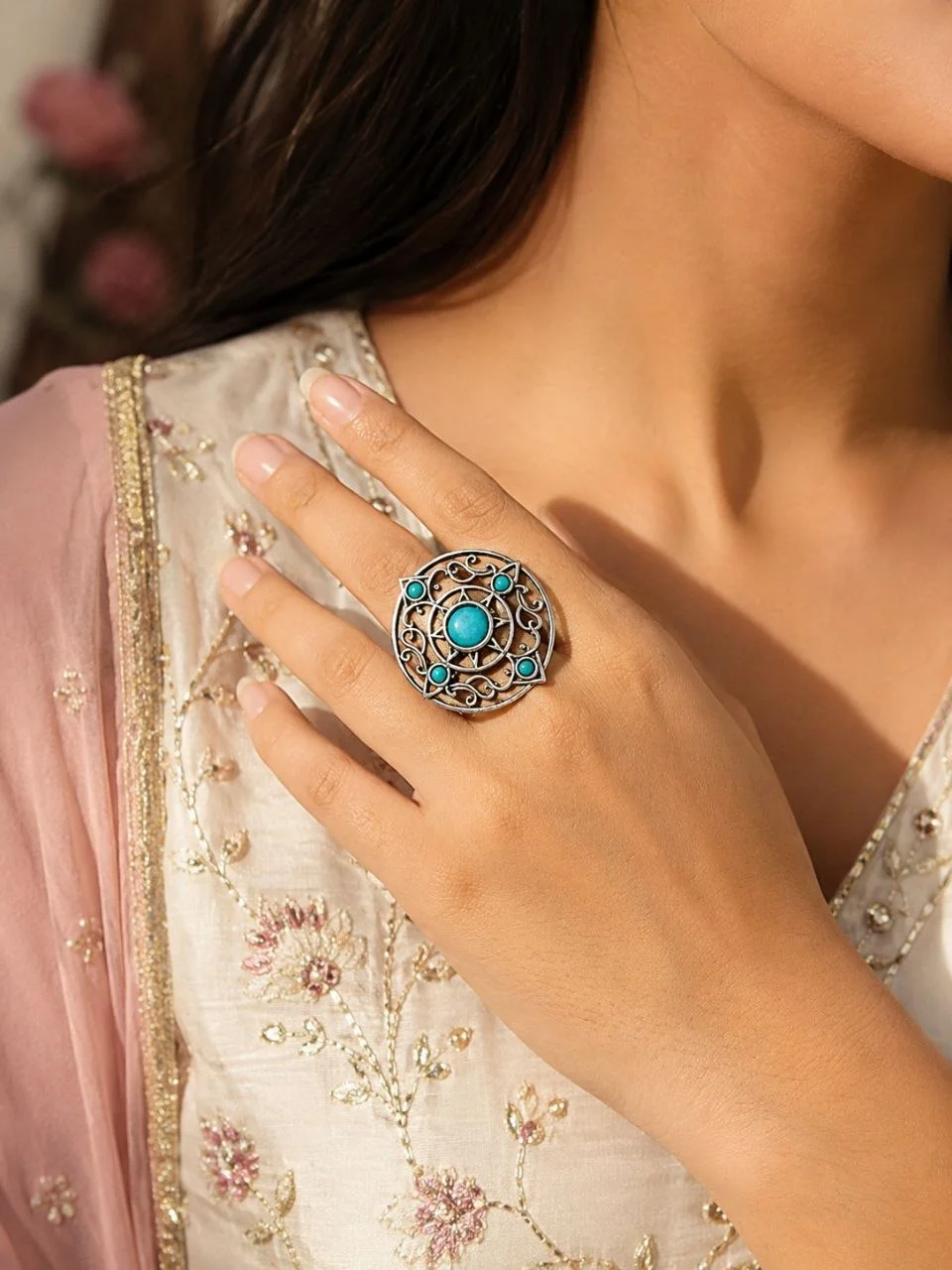 Vintage Oxidised Ring with Turquoise