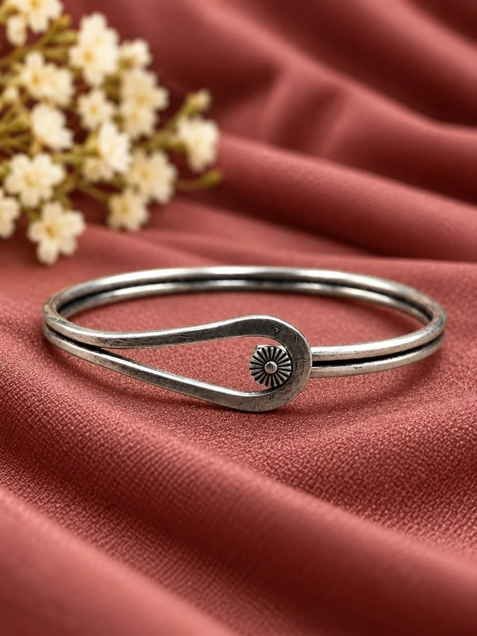 Antique Silver Double Wire Cuff with Teardrop Loop and Sunburst Rosette – view 2