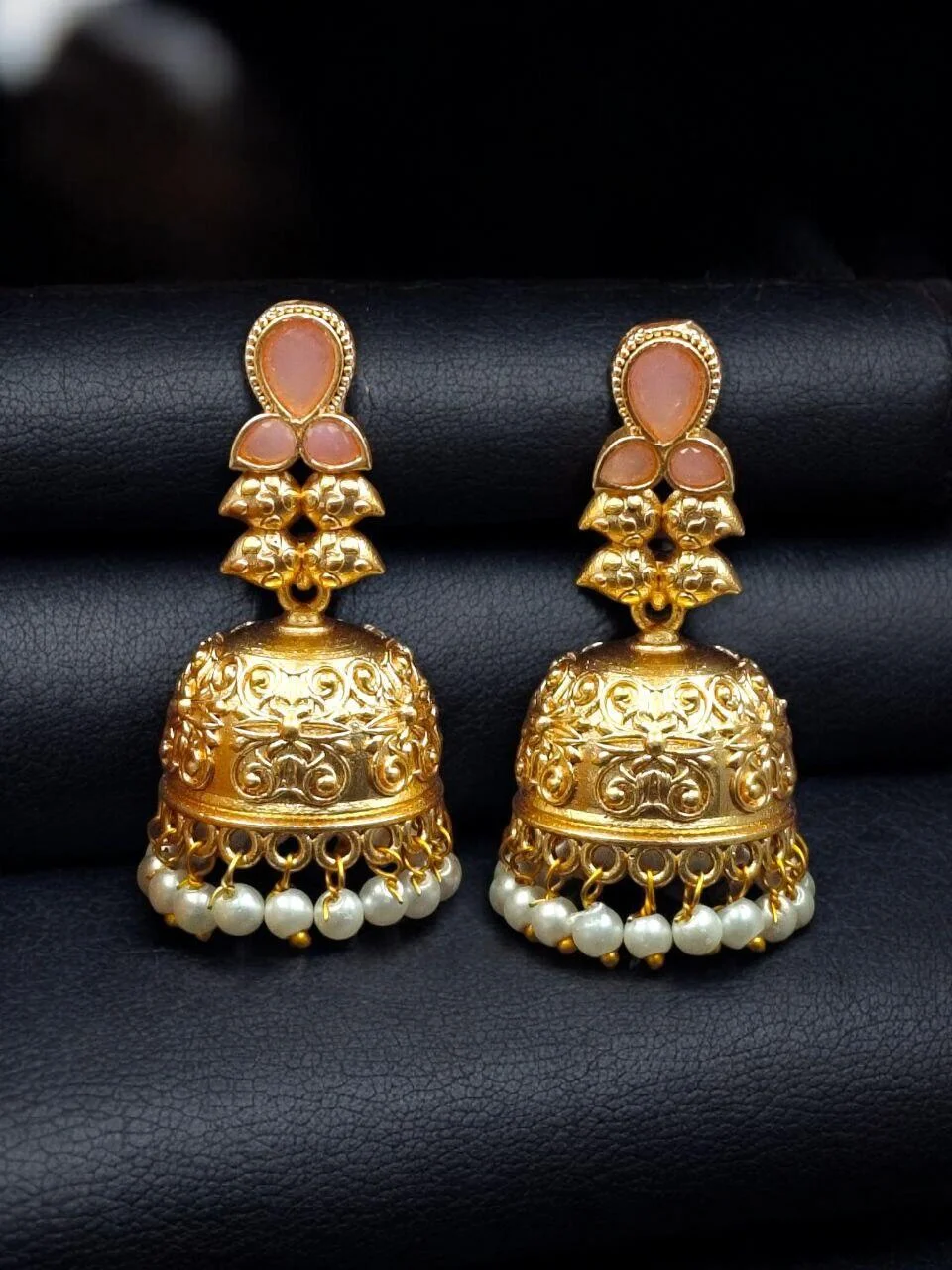 Ruby Red Floral Stud Jhumka with Wide Bell – view 2