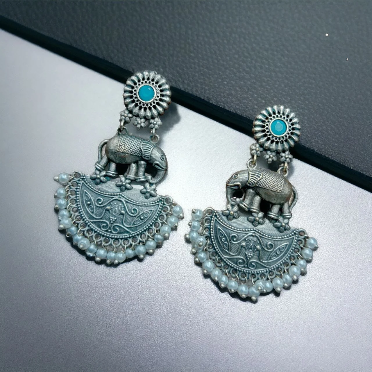 Oxidised Elephant Half-Moon Earrings with Flower Stud and Pearl Edge