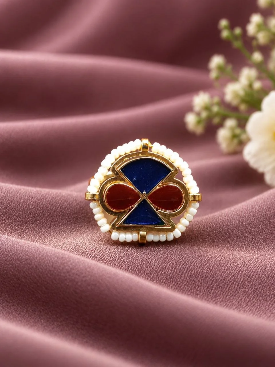 Small Gold Kundan Ring with Pearl Border – view 2