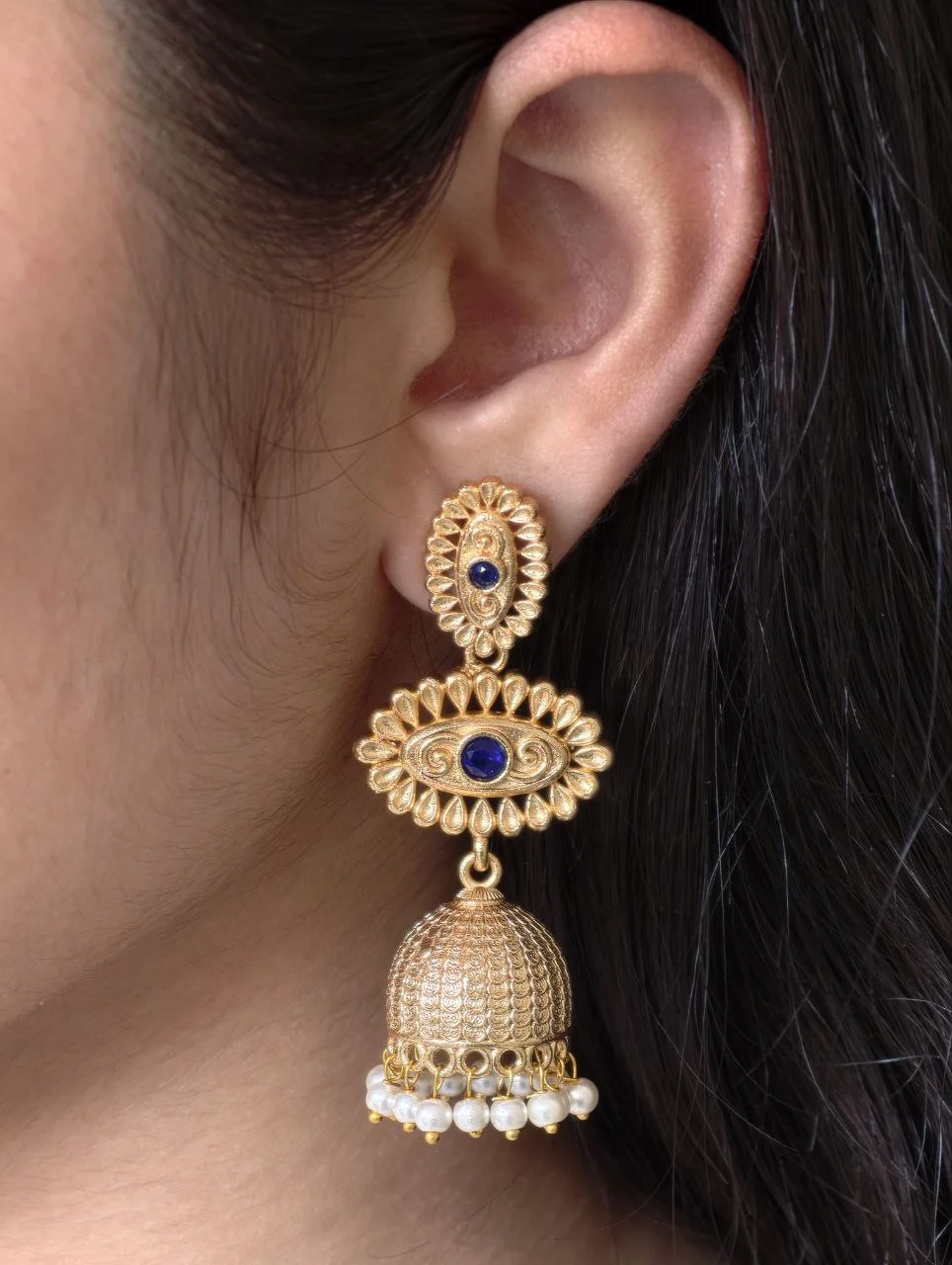 Turquoise Rosette Three Tier Jhumka – view 5
