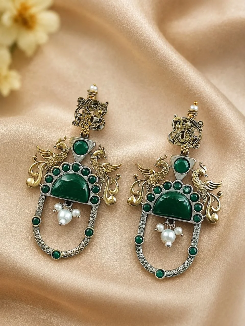 Two-Tone Peacock Arch Drop Earrings with Stone and Pearl Detail