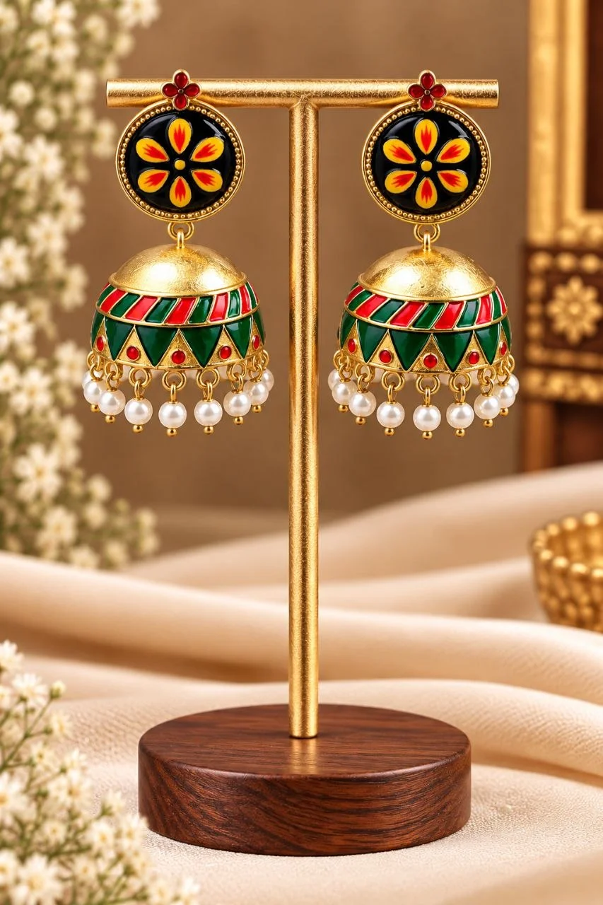 Hand-Painted Black Flower Stud Jhumka with Enamel Dome and Pearl Fringe