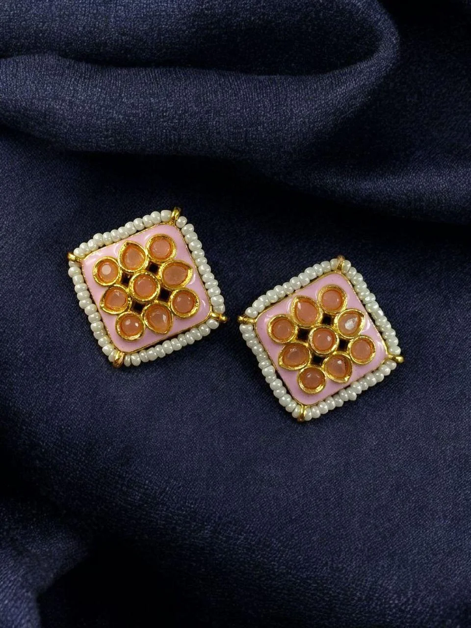 Square Meenakari Stud Earrings with Pearl Border