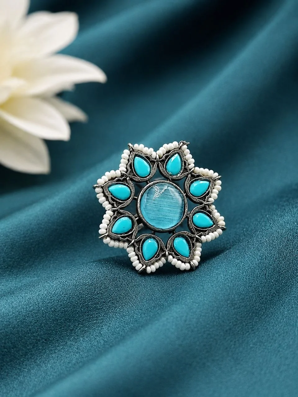 Oxidised Star Flower Ring with Turquoise and Pearls – view 2