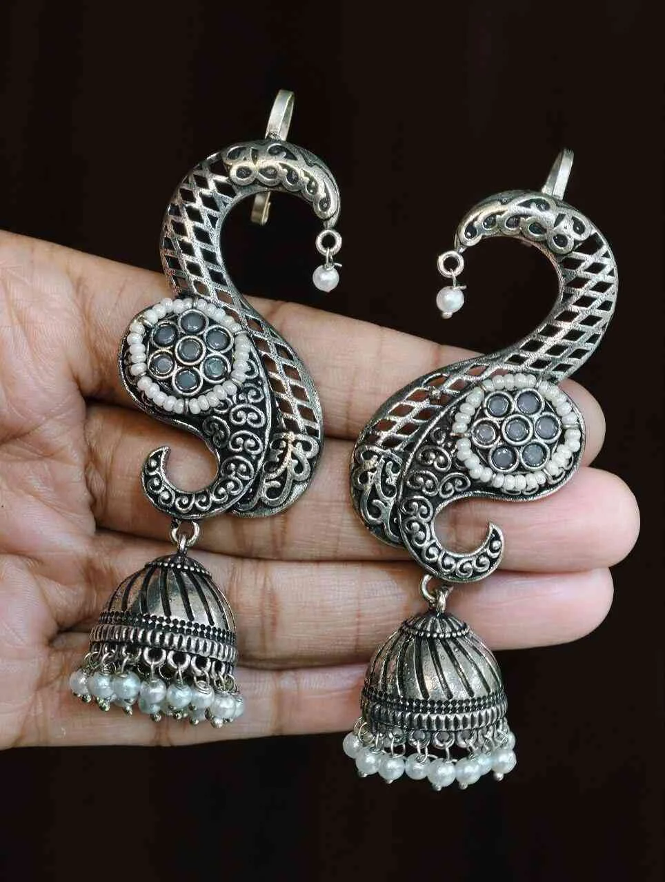 Oxidised Swirl Ear Cuff Jhumka Earrings with Stone Medallion