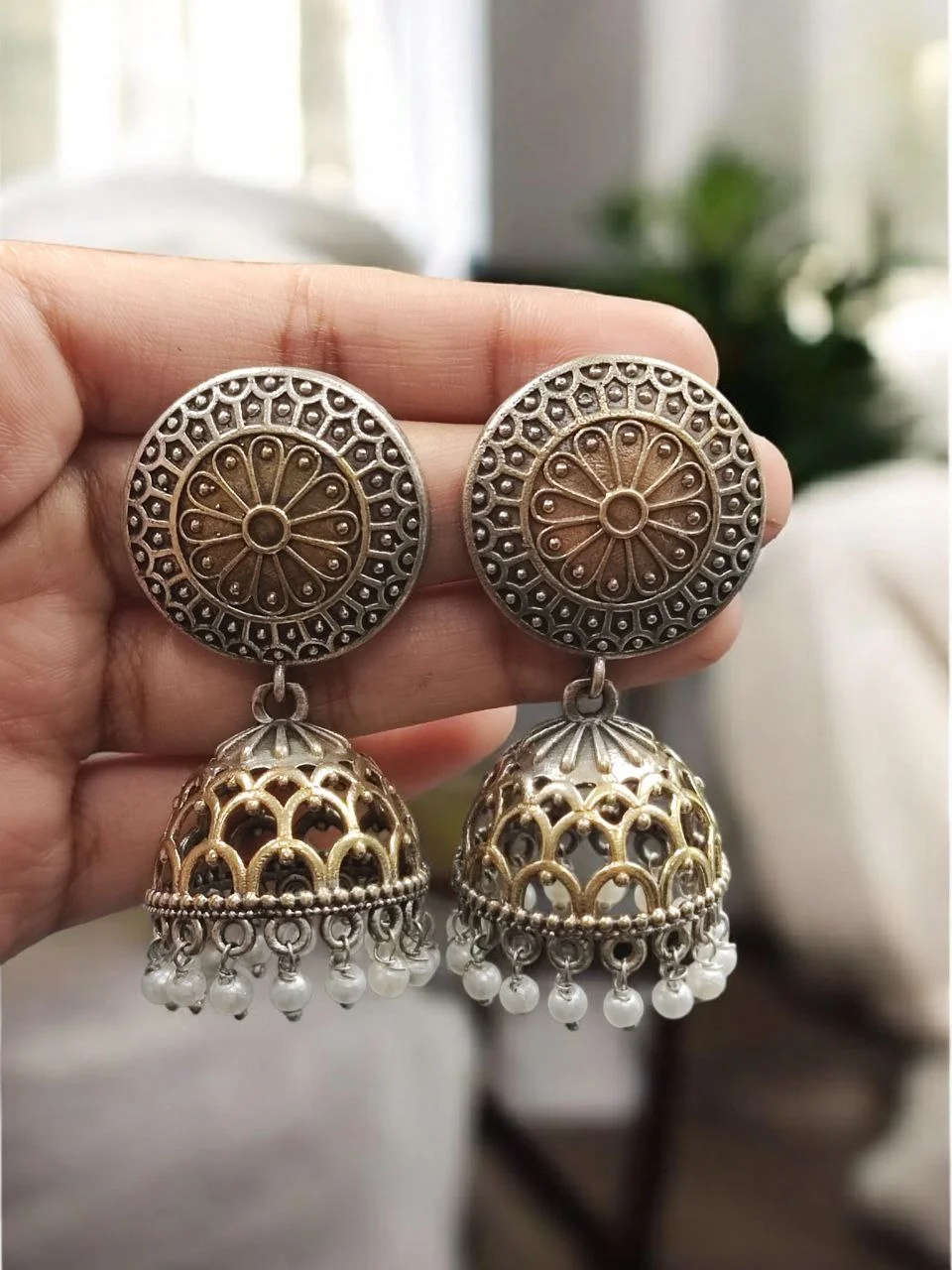Handcrafted Two Tone Jhumka Earrings with Pearl Work – view 4