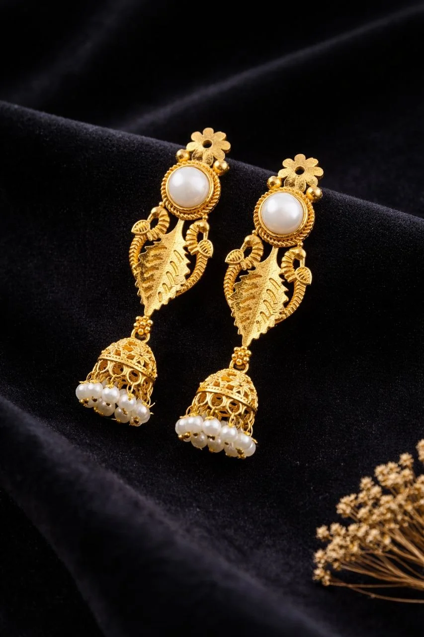 Leaf Panel Jhumka Earrings with Pearl Fringe