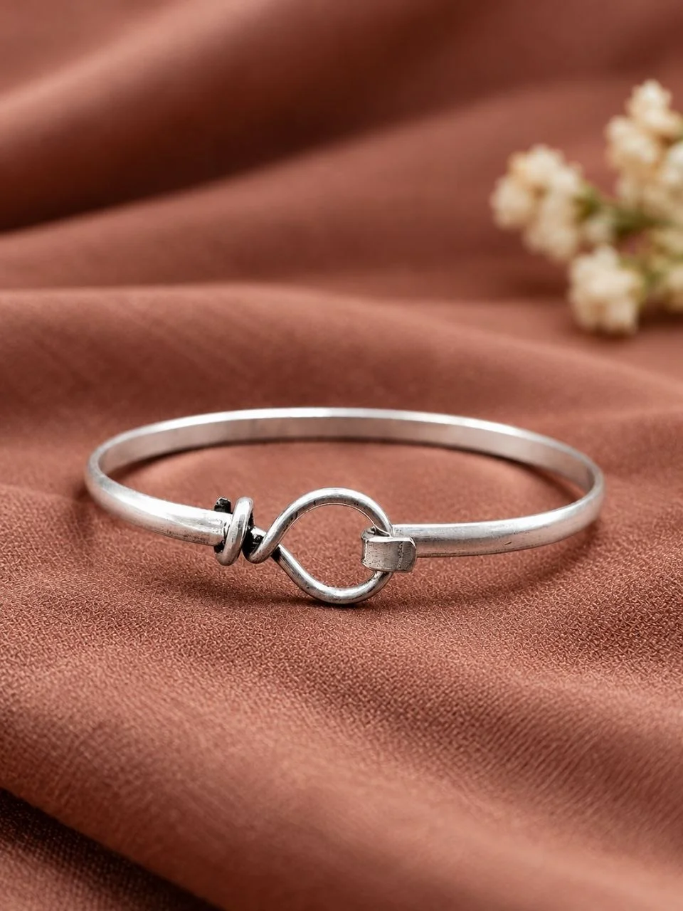 Silver Hook and Loop Clasp Bangle with Wrapped Knot Detail – view 2