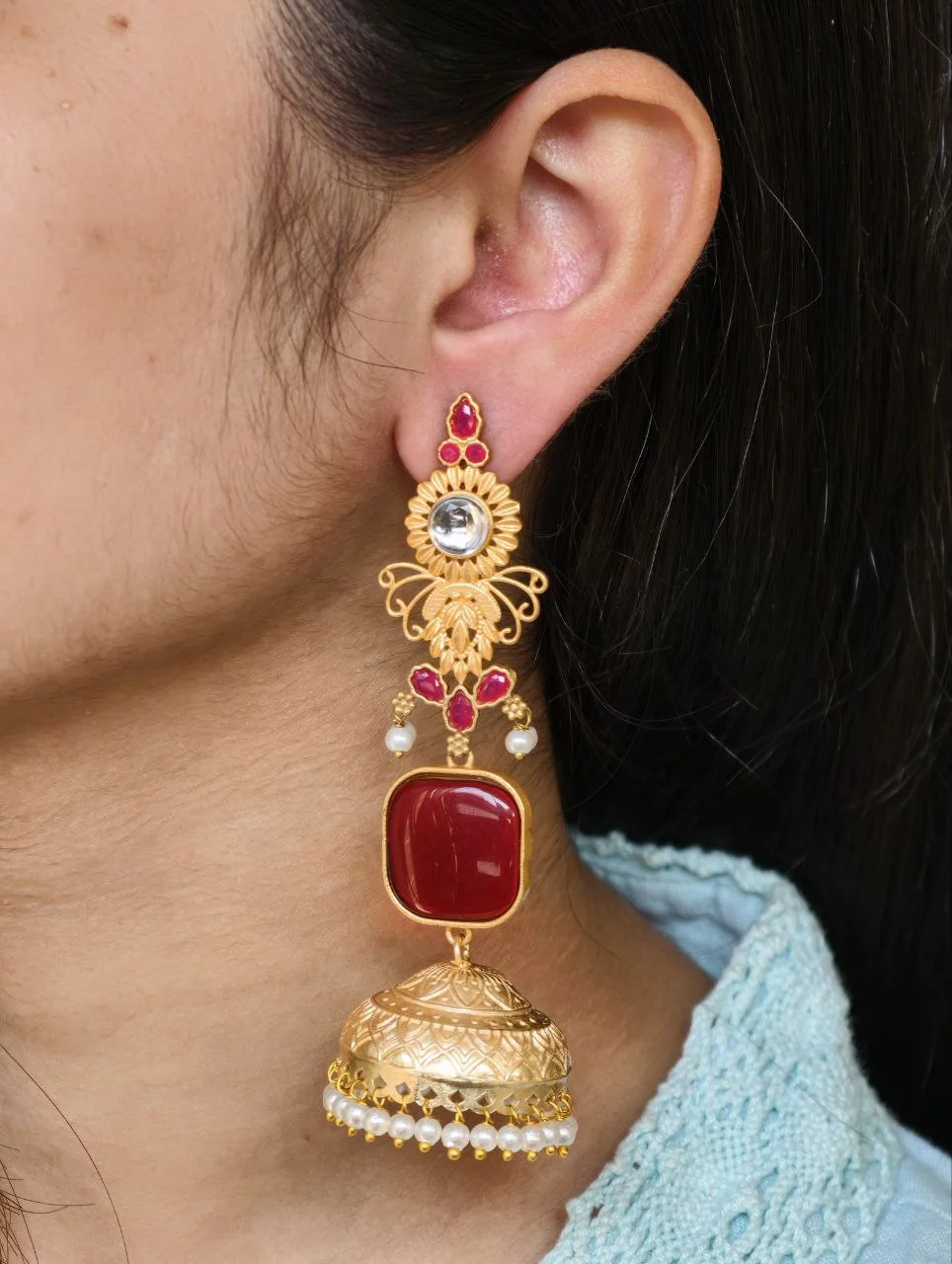 Long Red Stone Jhumka with Floral Crown