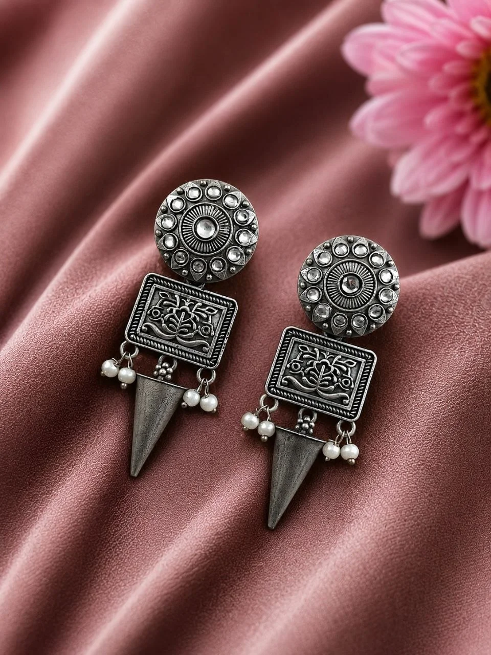 Oxidised Floral Stud Dangler Earrings with Engraved Plate and Spike Drop – view 3