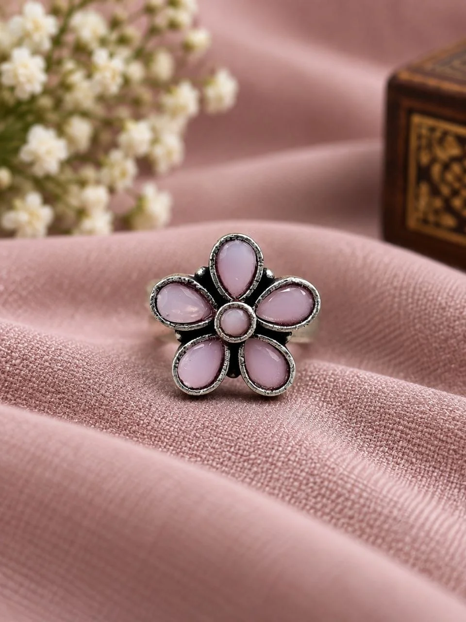 Small Oxidised Flower Ring with Black Stones – view 4