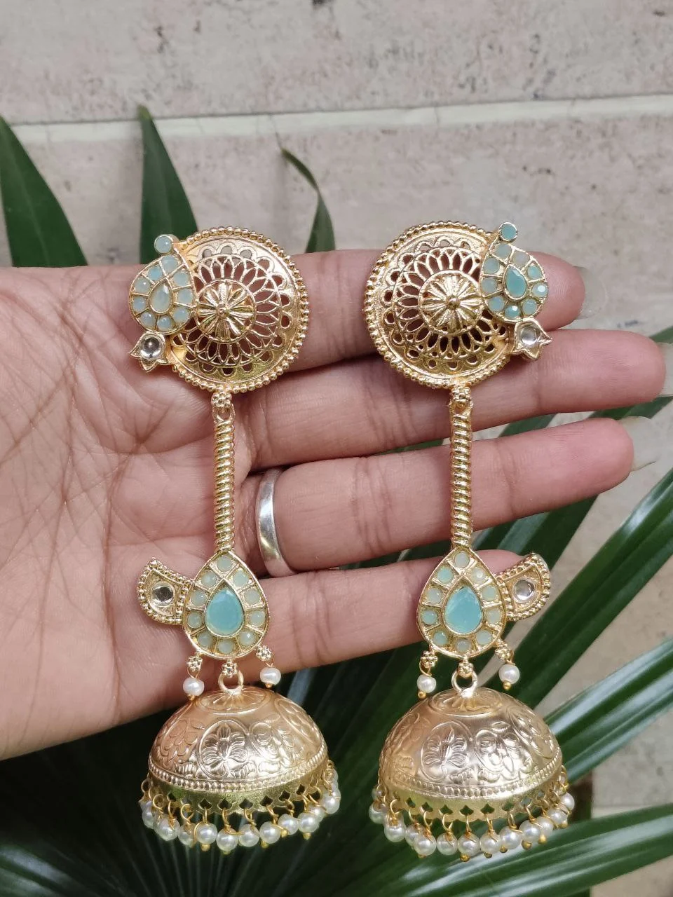 Antique Three Tier Jhumka with Red and Turquoise – view 5