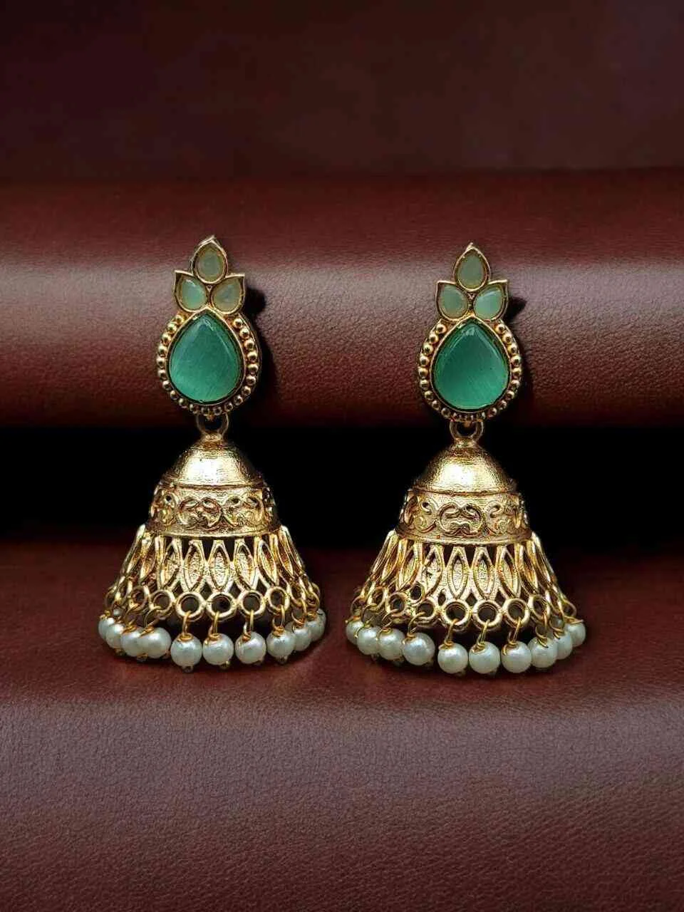 Green Teardrop Stone Jhumka with Textured Bell – view 3