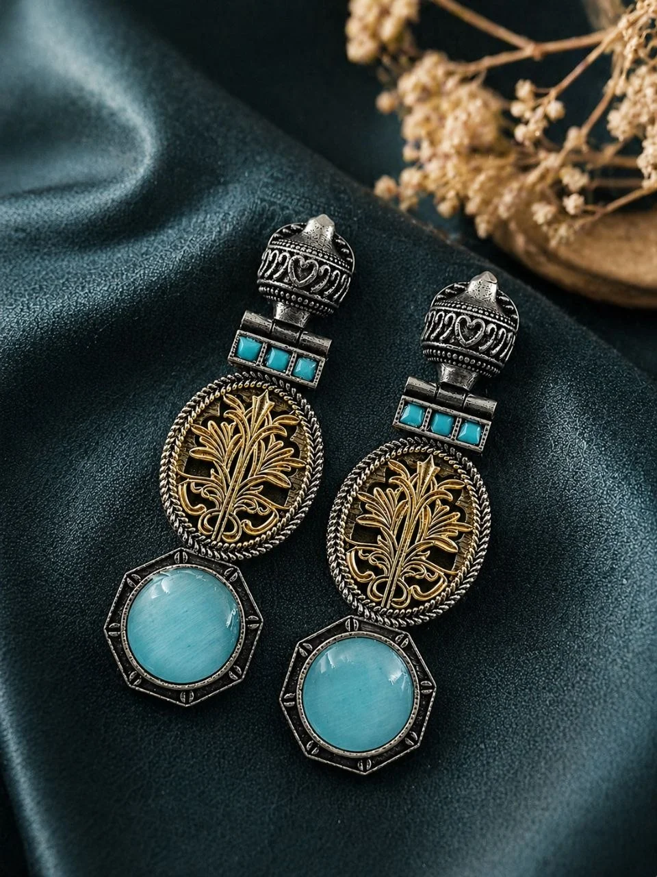 Two-Tone Tree Filigree Long Earrings with Round Stone Drop