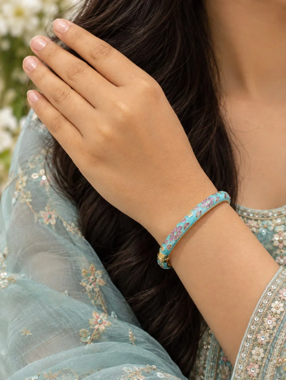 Pastel Enamel Floral Bangle with Hinged Clasp