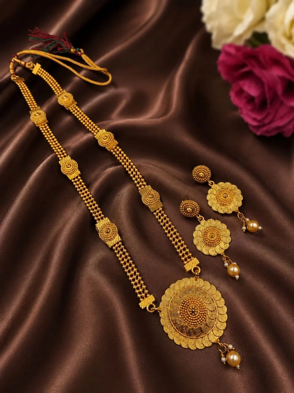 Gold Plated Long Haar Necklace Set with Earrings
