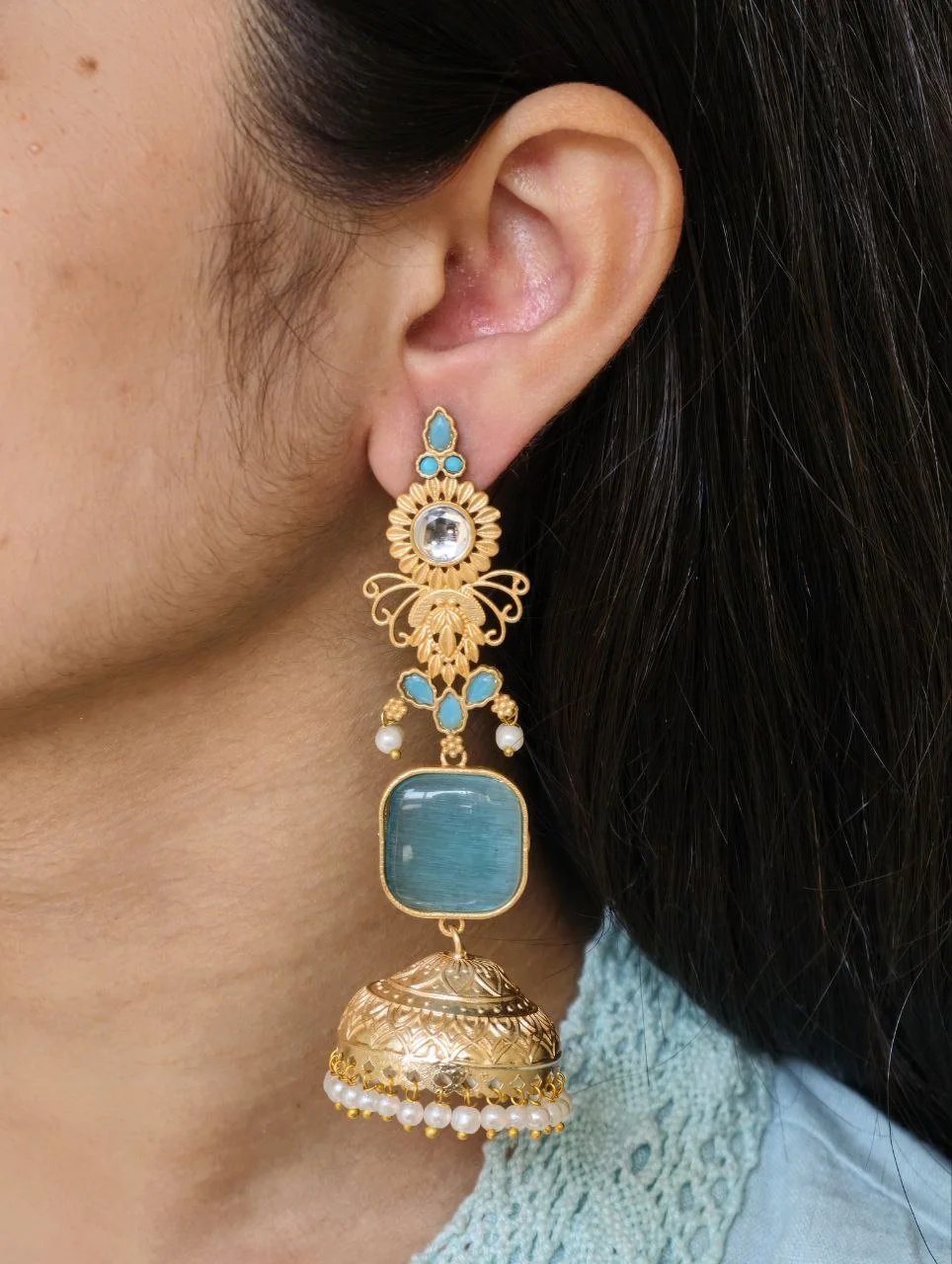 Long Red Stone Jhumka with Floral Crown – view 2