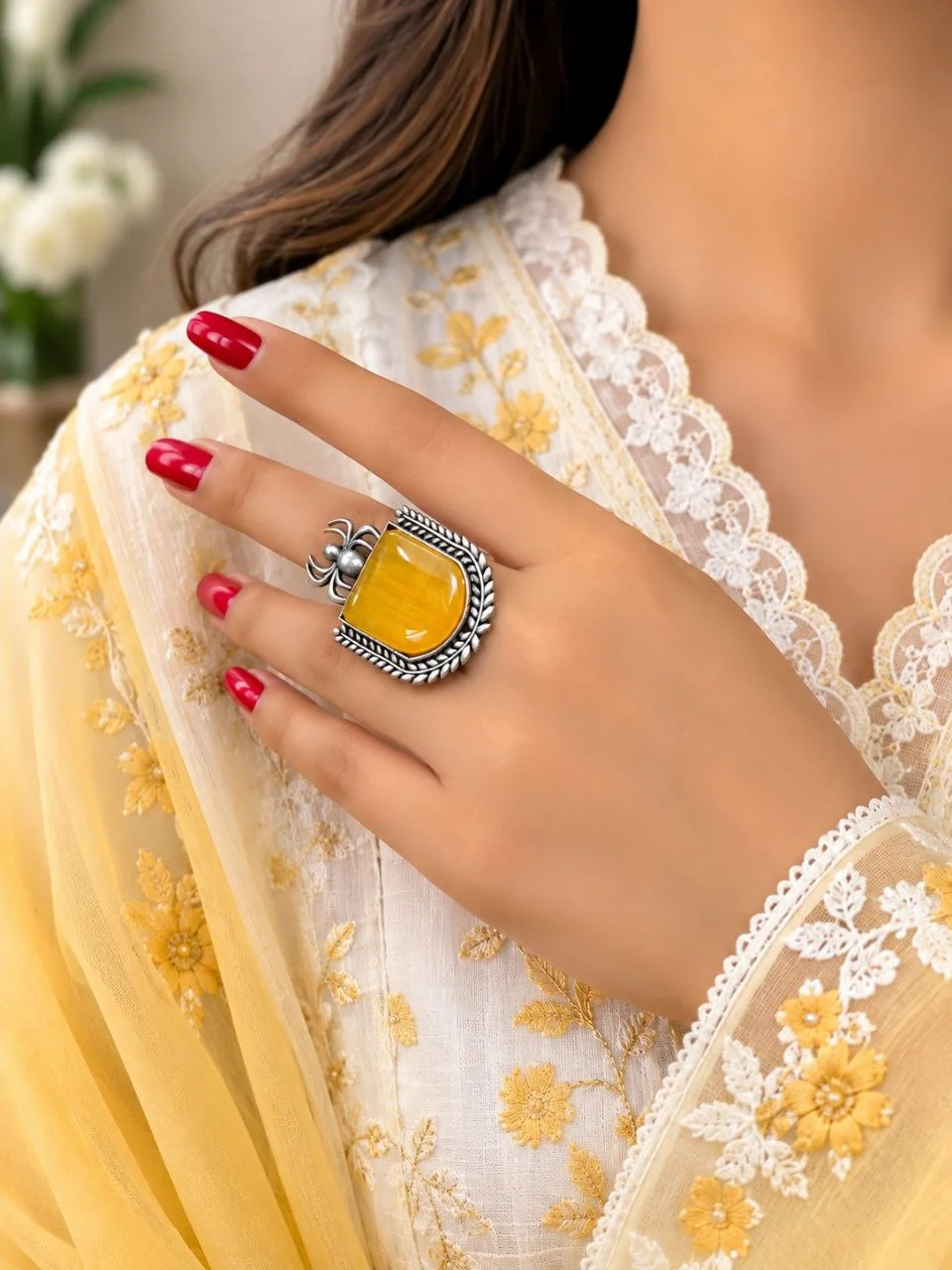 Oxidised Spider Ring with Yellow Stone