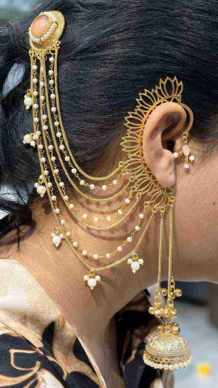 Non Piercing Lotus Jhumka with Ear Chains – view 5