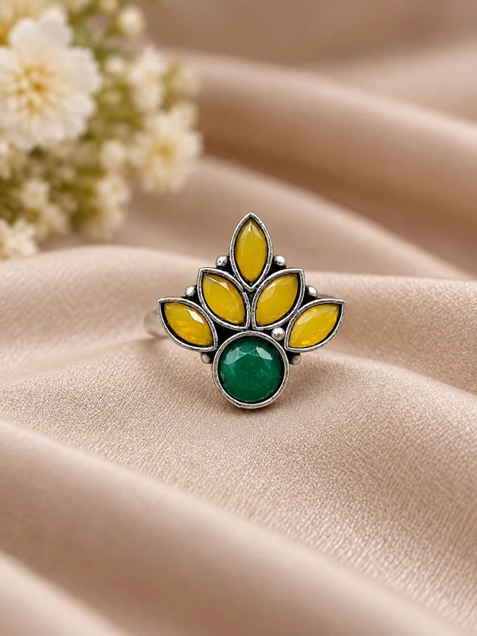 Oxidised Flower Ring with White Stones – view 2