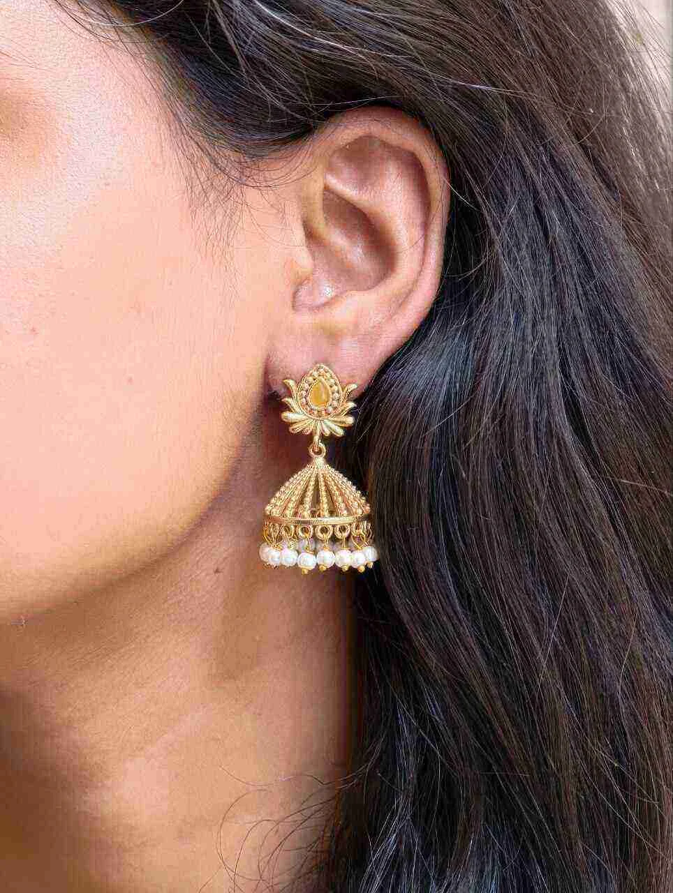 Small Lotus Bud Jhumka in Plain Gold