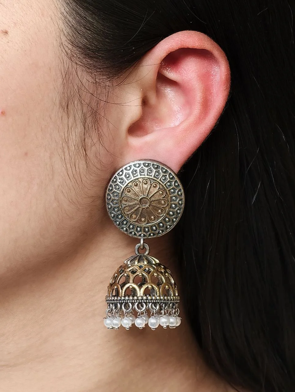 Handcrafted Two Tone Jhumka Earrings with Pearl Work – view 5