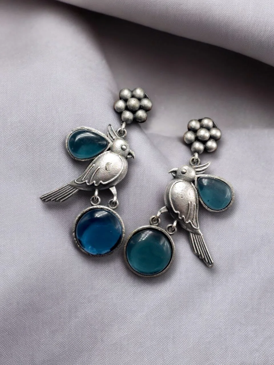Oxidised Parrot Drop Earrings with Round Stones and Bead Cluster Stud