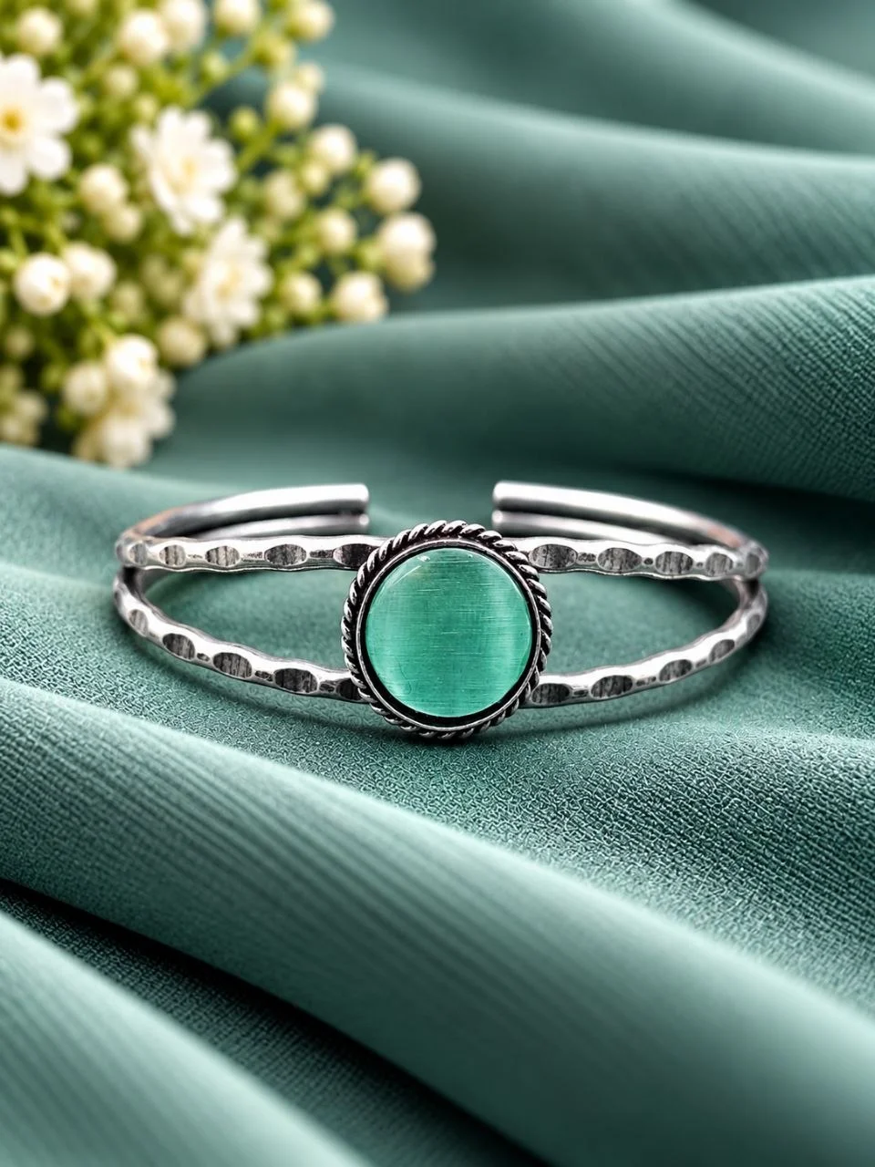 Oxidised Hammered Double Band Cuff with Mint Cat-Eye Cabochon
