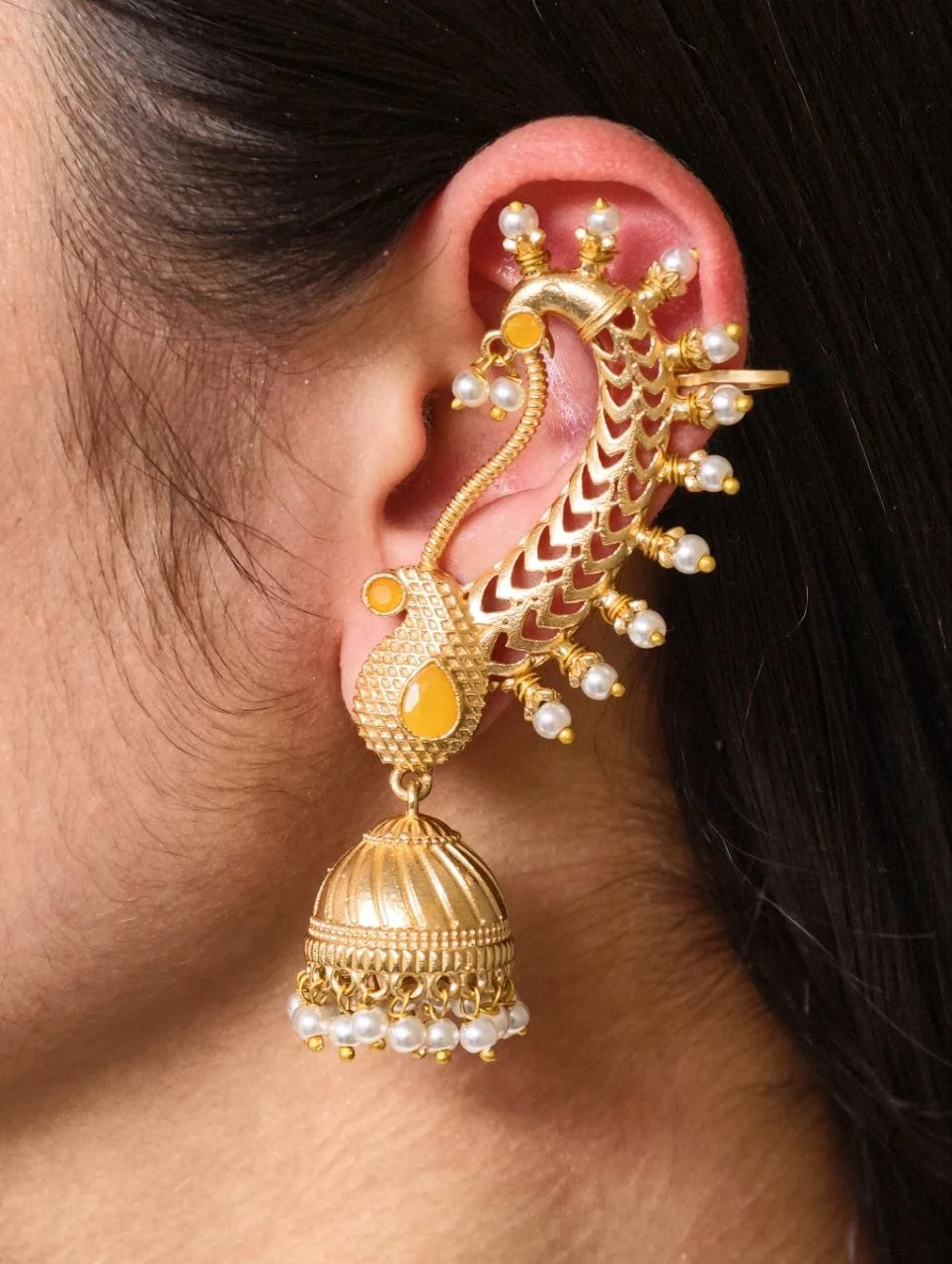 Peacock Ear Cuff Jhumka with Pearl Tail – view 4