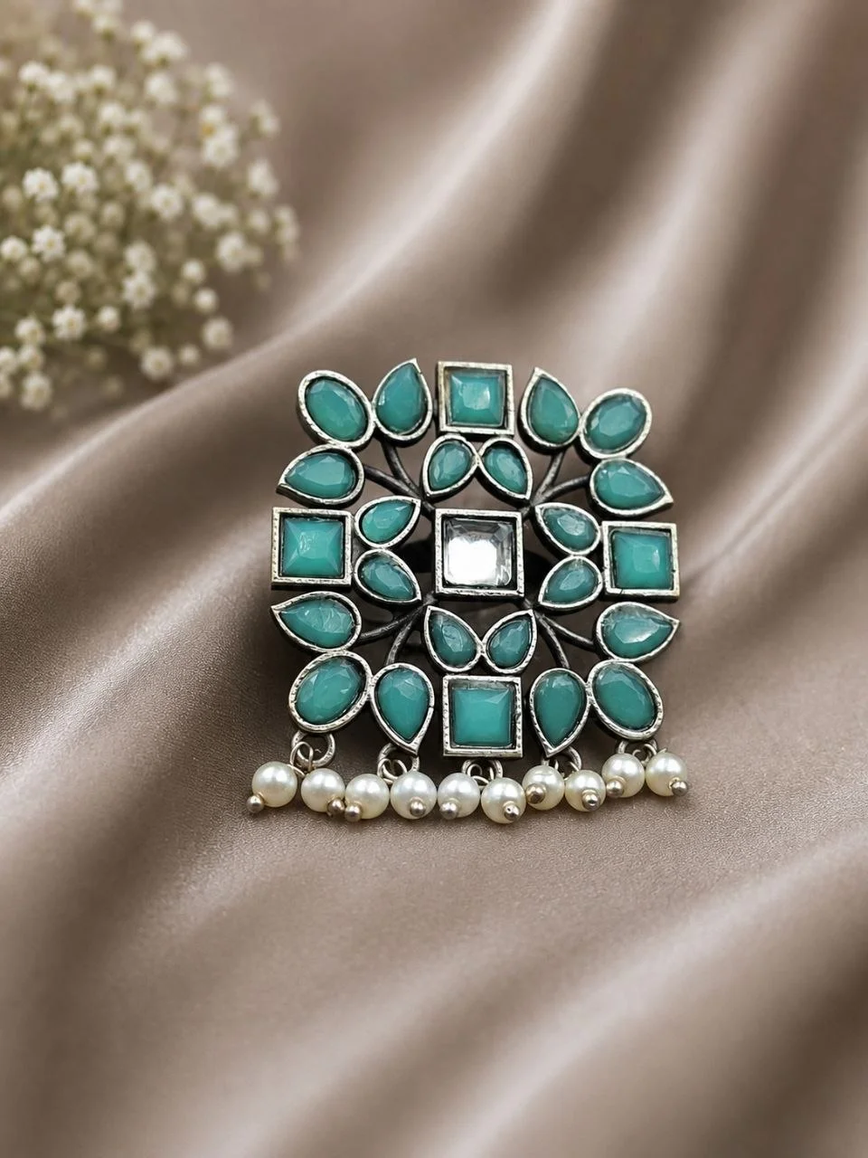 Oxidised Square Ring with Green Stones and Pearls – view 2
