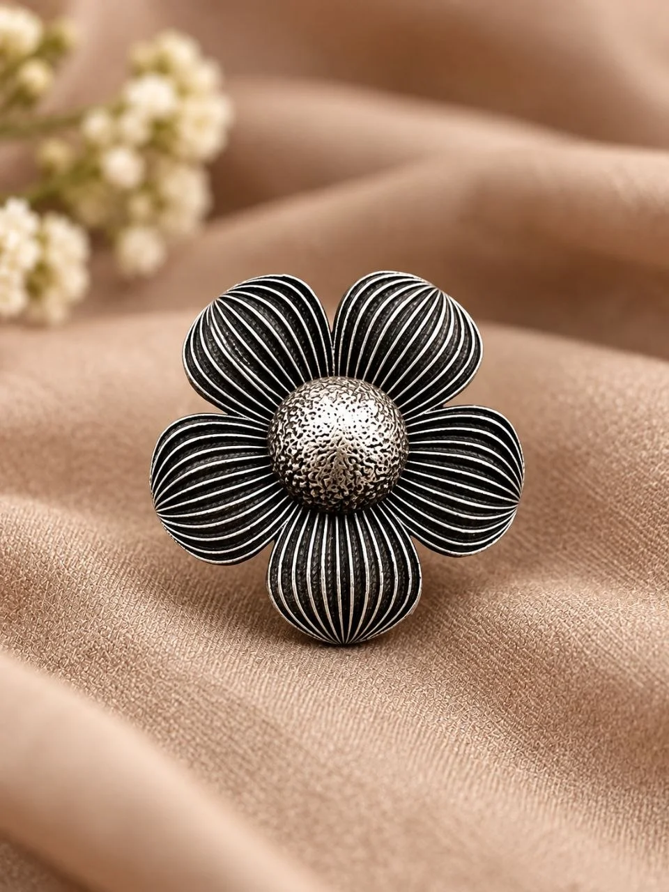 Oxidised Flower Ring with Domed Silver Centre – view 2