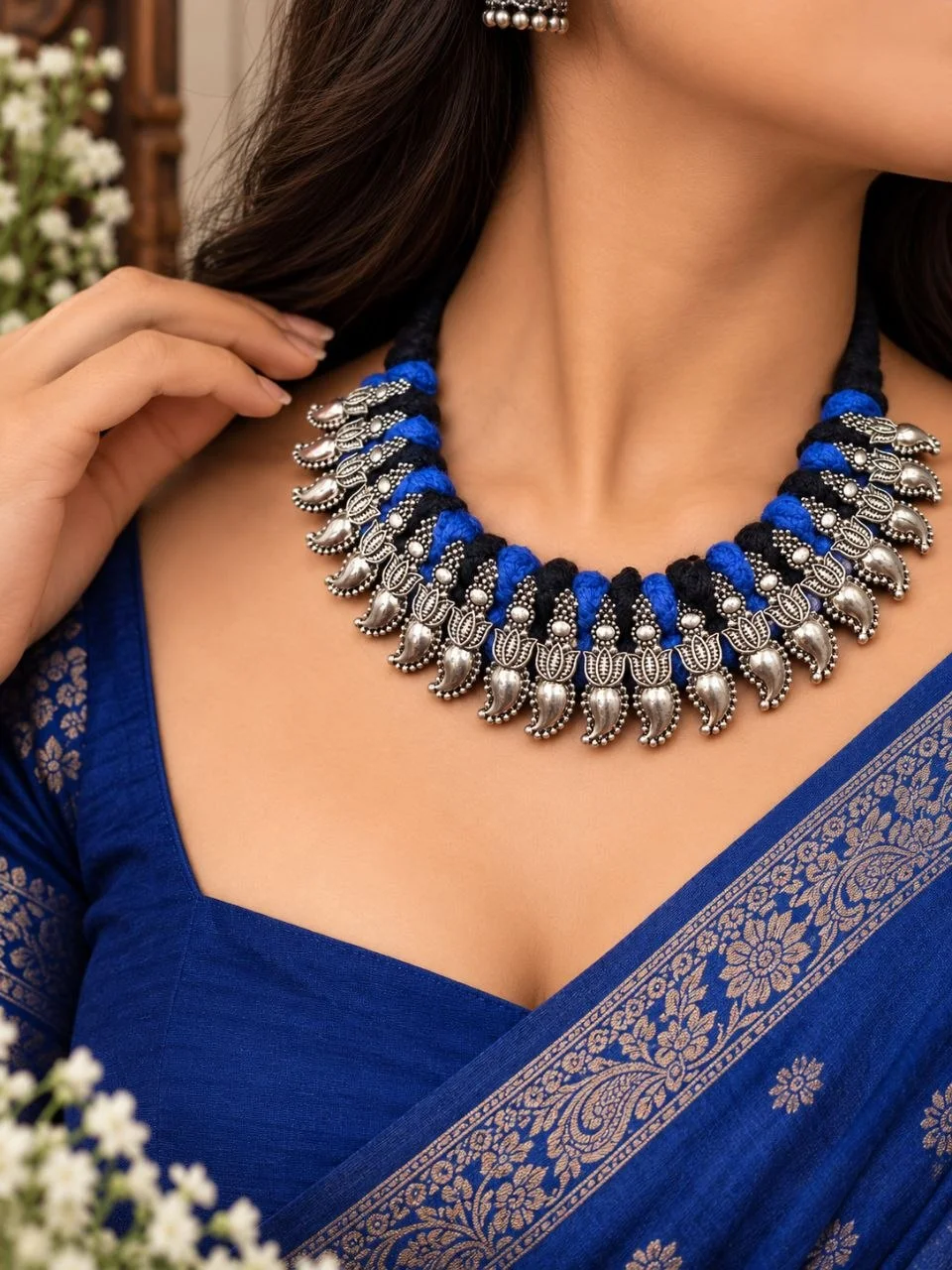 Oxidised Lotus Motif Thread Necklace