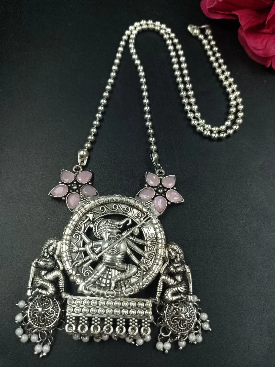 Oxidised Temple Deity Pendant Necklace with Pearl Drops