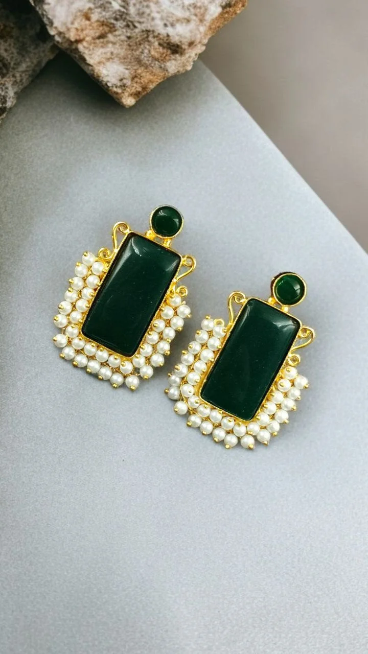 Gold Plated Geometric Stone Stud Earrings with Pearl Border