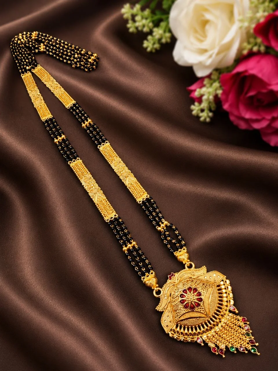 Gold Plated Long Mangalsutra with Bar Spacers – view 2